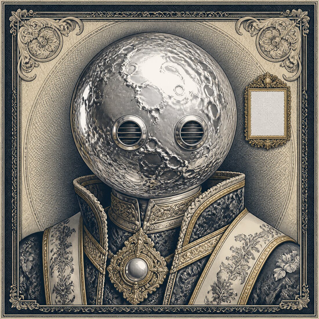 An engraved portrait of the Moon in military dress.