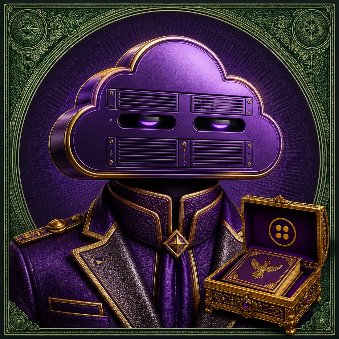 An engraved portrait of a violet server-cloud in a high collar.
