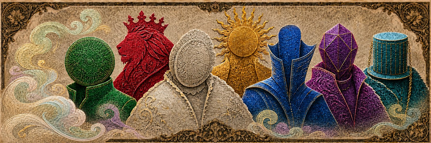 Seven engraved guests on aged banknote paper: an orb, a crowned lion, a blank mask, a sun, a high collar, a cut gem and a top hat.