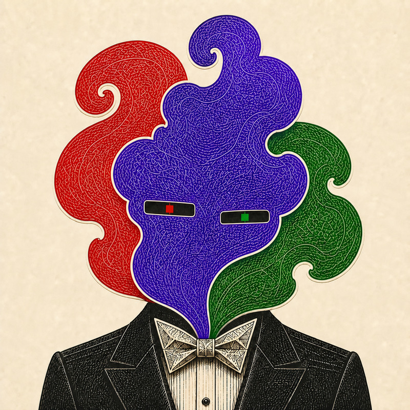 The Rich Farts mark: a gentleman in an engraved tailcoat whose head is a three-colour cloud of gas, with a red and a green candlestick for eyes.